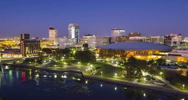 Wichita KS River Waterwalk Downtown Night
